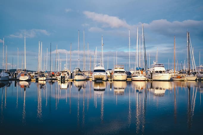 A row of sailboats and yachts docked at a marina, their masts rising into a partly cloudy sky and reflecting clearly in the calm water below.