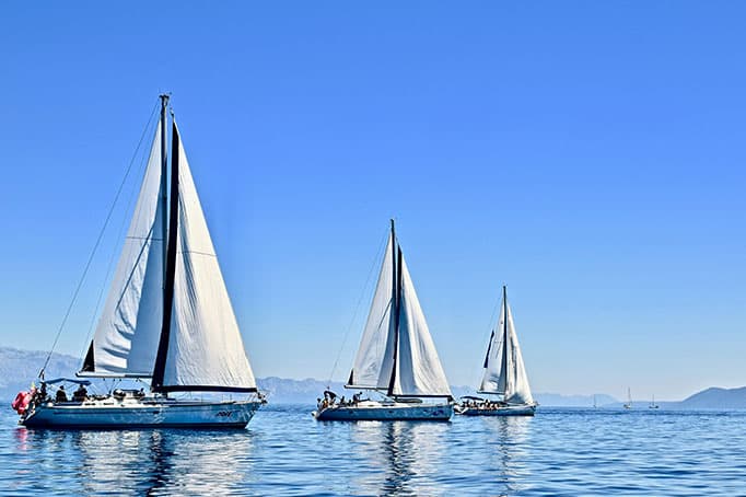 Sailboats gliding across calm bay water under a clear blue sky, representing Treasure Island Yacht Club.