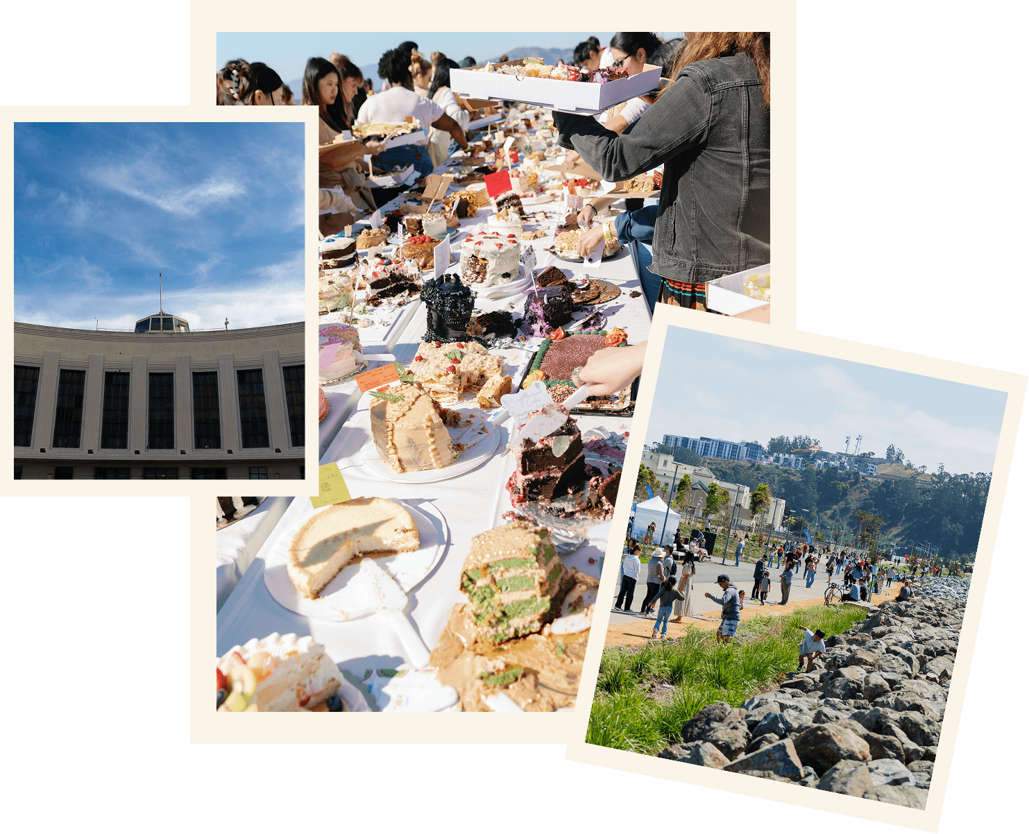 Collage of Treasure Island community events featuring a historic Art Deco building, a large outdoor cake festival with assorted desserts, and families enjoying a waterfront park along San Francisco Bay.